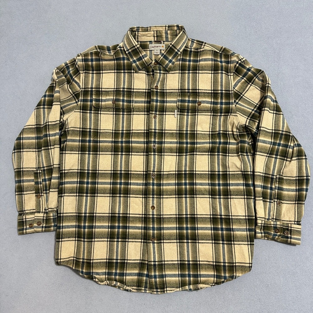 Carhartt Plaid Flannel Button Down Shirt Original Fit‎ Green Tan Mens Size XL